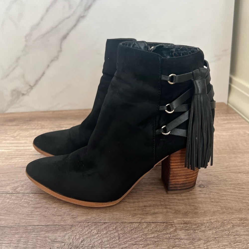Marc Fisher Black Suede Heeled Booties With Fringe - image 2